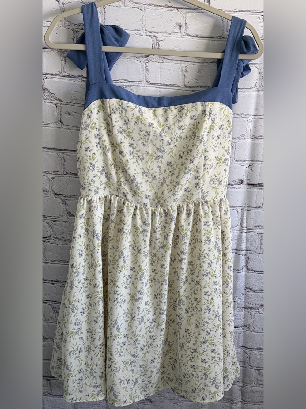 Cream Floral Midi Sundress with Blue Tie Straps